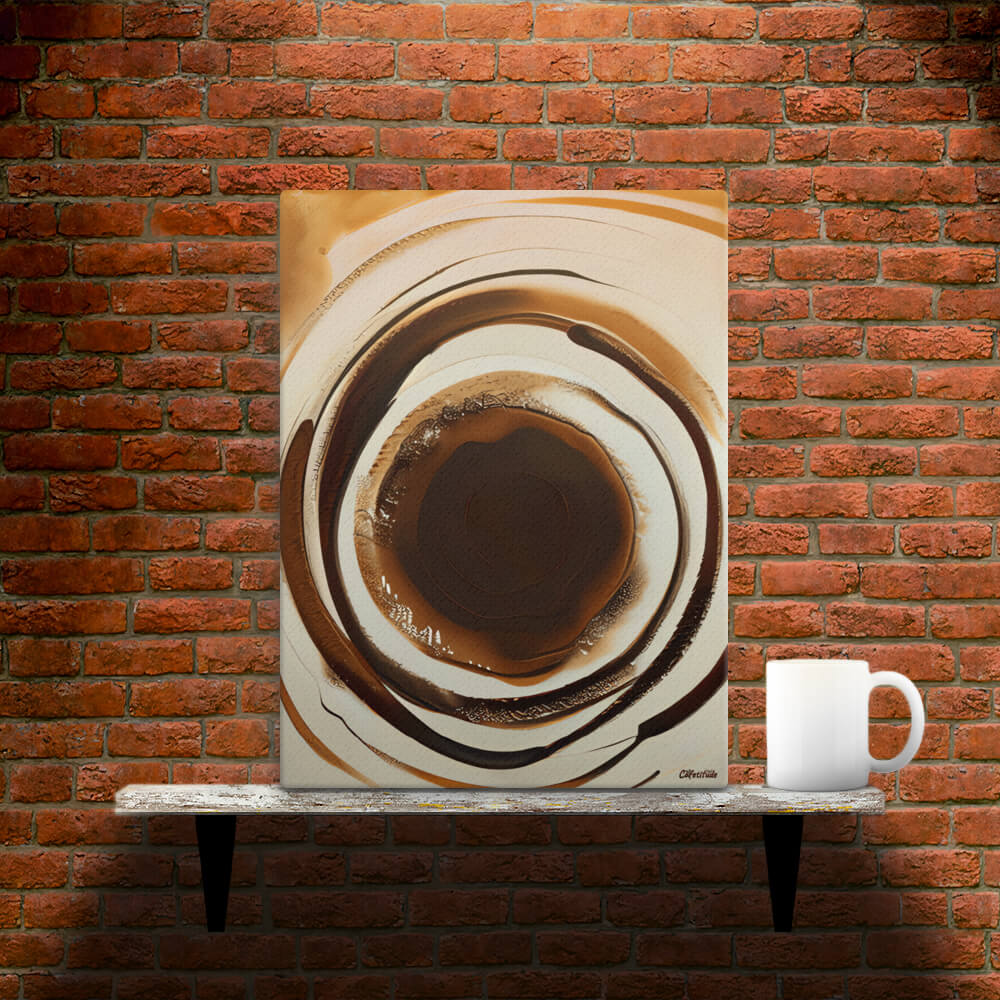 Aromatic Ripples No1 - Canvas - Main image where the product is placed on a shelf against a brick wall, next to a mug - Cafetitude Wall Art Aromatic Ripples No1 - Canvas - Main image where the product is placed on a shelf against a brick wall, next to a mug - Cafetitude Wall Art
