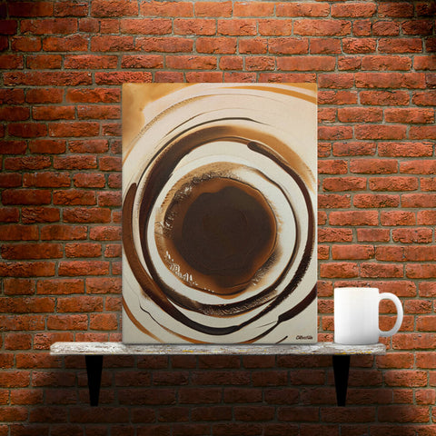 Aromatic Ripples No1 - Canvas - Main image where the product is placed on a shelf against a brick wall, next to a mug - Cafetitude Wall Art Aromatic Ripples No1 - Canvas - Main image where the product is placed on a shelf against a brick wall, next to a mug - Cafetitude Wall Art