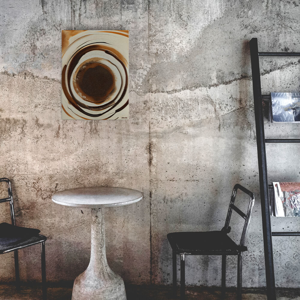 Aromatic Ripples No1 - Canvas - The product is placed in a industrial-style coffee shop ambiance with a set table - Cafetitude Wall Art Aromatic Ripples No1 - Canvas - The product is placed in a industrial-style coffee shop ambiance with a set table - Cafetitude Wall Art