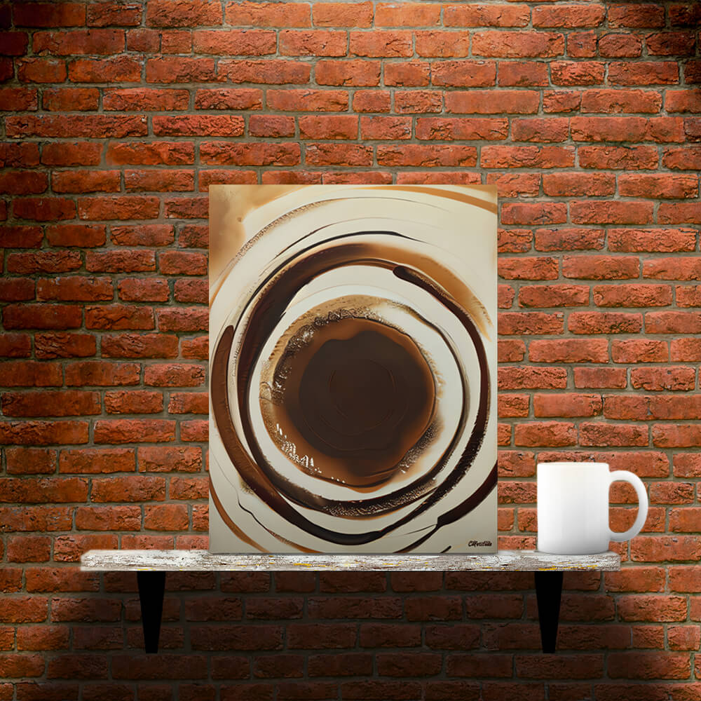 Aromatic Ripples No1 - Metal prints - Main image where the product is placed on a shelf against a brick wall, next to a mug - Cafetitude Wall Art Aromatic Ripples No1 - Metal prints - Main image where the product is placed on a shelf against a brick wall, next to a mug - Cafetitude Wall Art