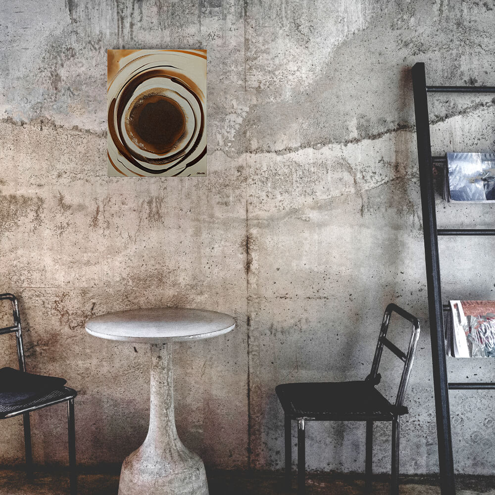 Aromatic Ripples No1 - Metal prints - The product is placed in a industrial-style coffee shop ambiance with a set table - Cafetitude Wall Art Aromatic Ripples No1 - Metal prints - The product is placed in a industrial-style coffee shop ambiance with a set table - Cafetitude Wall Art