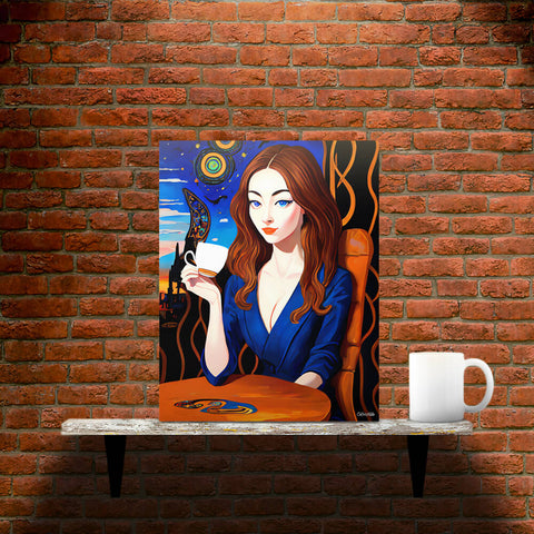 Caffeinated Beauty - Metal prints - Main image where the product is placed on a shelf against a brick wall, next to a mug - Cafetitude Wall Art Caffeinated Beauty - Metal prints - Main image where the product is placed on a shelf against a brick wall, next to a mug - Cafetitude Wall Art