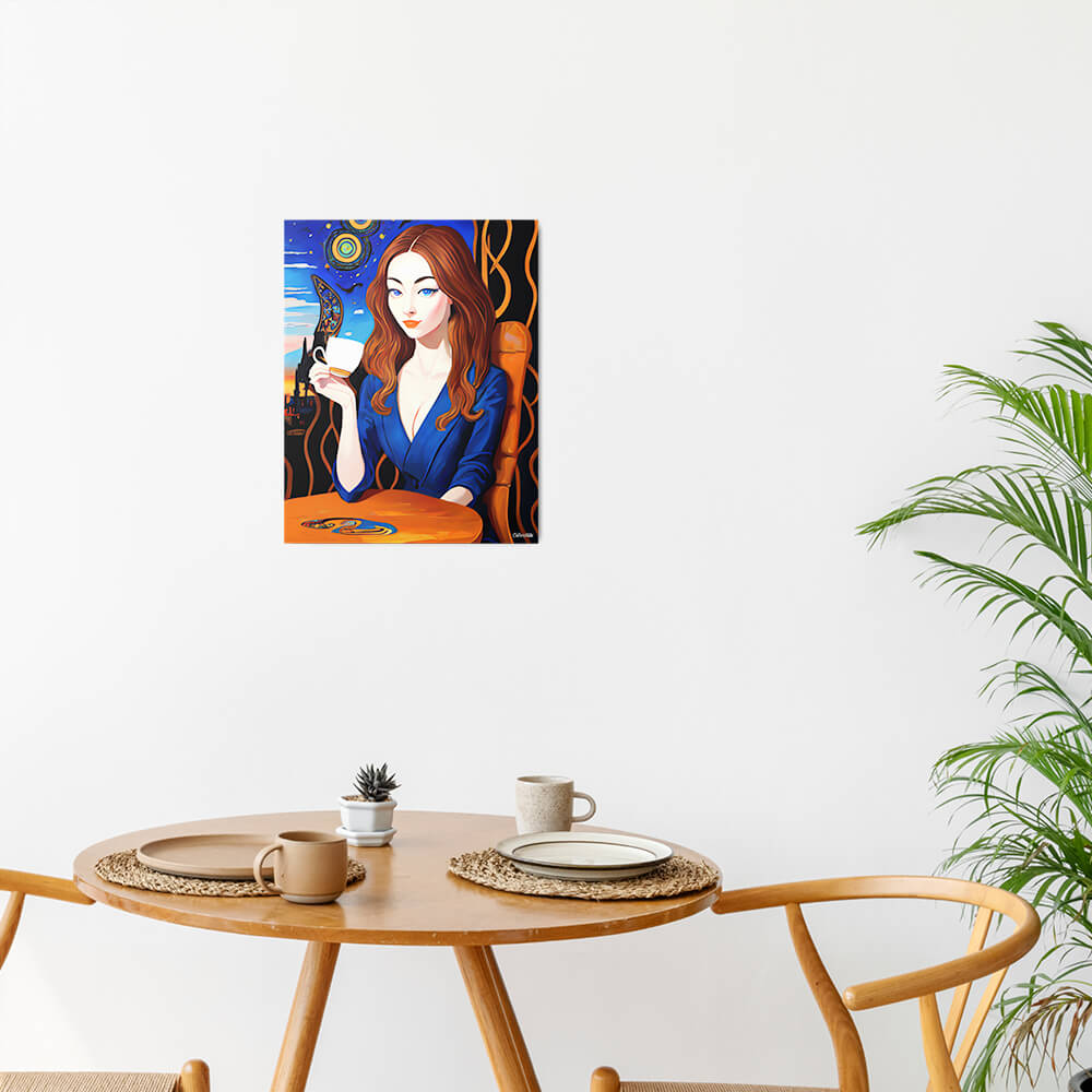 Caffeinated Beauty - Metal prints - The product is placed in a minimalist ambiance with a set table and plants - Cafetitude Wall Art Caffeinated Beauty - Metal prints - The product is placed in a minimalist ambiance with a set table and plants - Cafetitude Wall Art