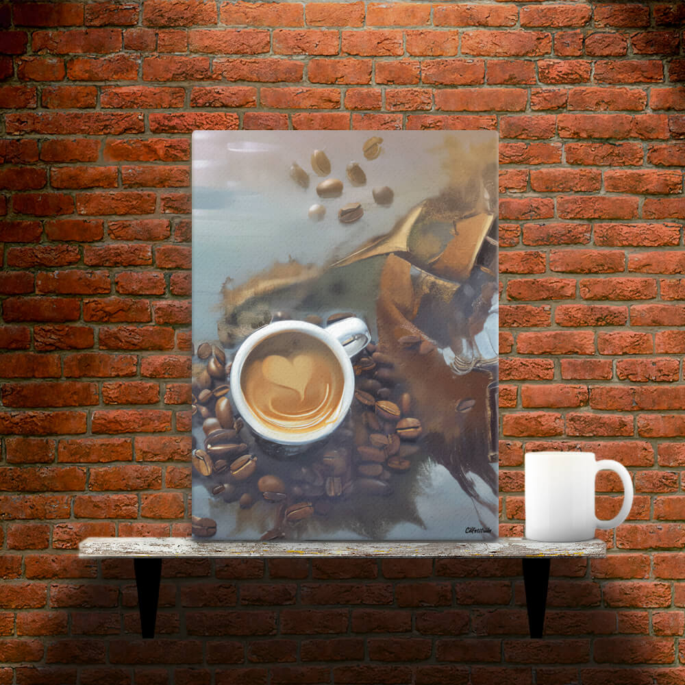 Caffeine Dreamscape - Canvas - Main image where the product is placed on a shelf against a brick wall, next to a mug - Cafetitude Wall Art Caffeine Dreamscape - Canvas - Main image where the product is placed on a shelf against a brick wall, next to a mug - Cafetitude Wall Art