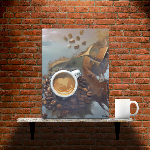 Caffeine Dreamscape - Canvas - Main image where the product is placed on a shelf against a brick wall, next to a mug - Cafetitude Wall Art Caffeine Dreamscape - Canvas - Main image where the product is placed on a shelf against a brick wall, next to a mug - Cafetitude Wall Art