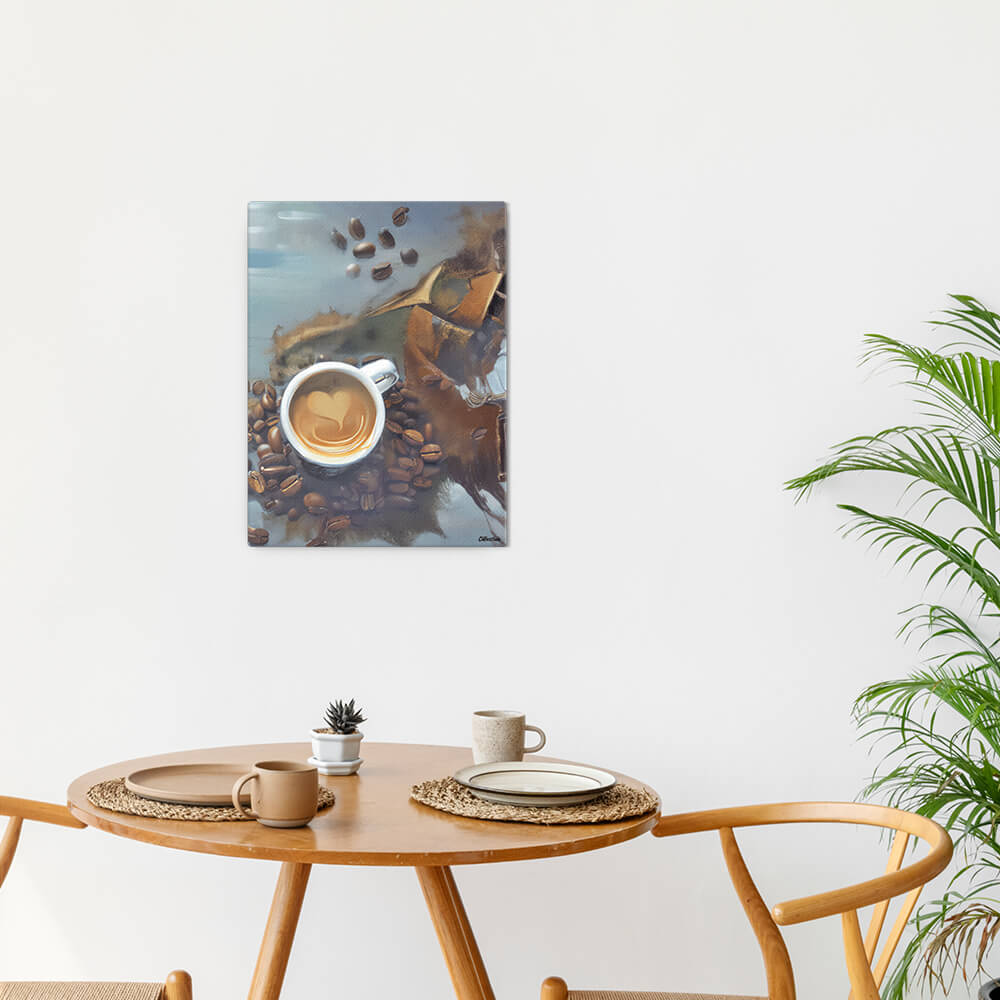 Caffeine Dreamscape - Canvas - The product is placed in a minimalist ambiance with a set table and plants - Cafetitude Wall Art Caffeine Dreamscape - Canvas - The product is placed in a minimalist ambiance with a set table and plants - Cafetitude Wall Art