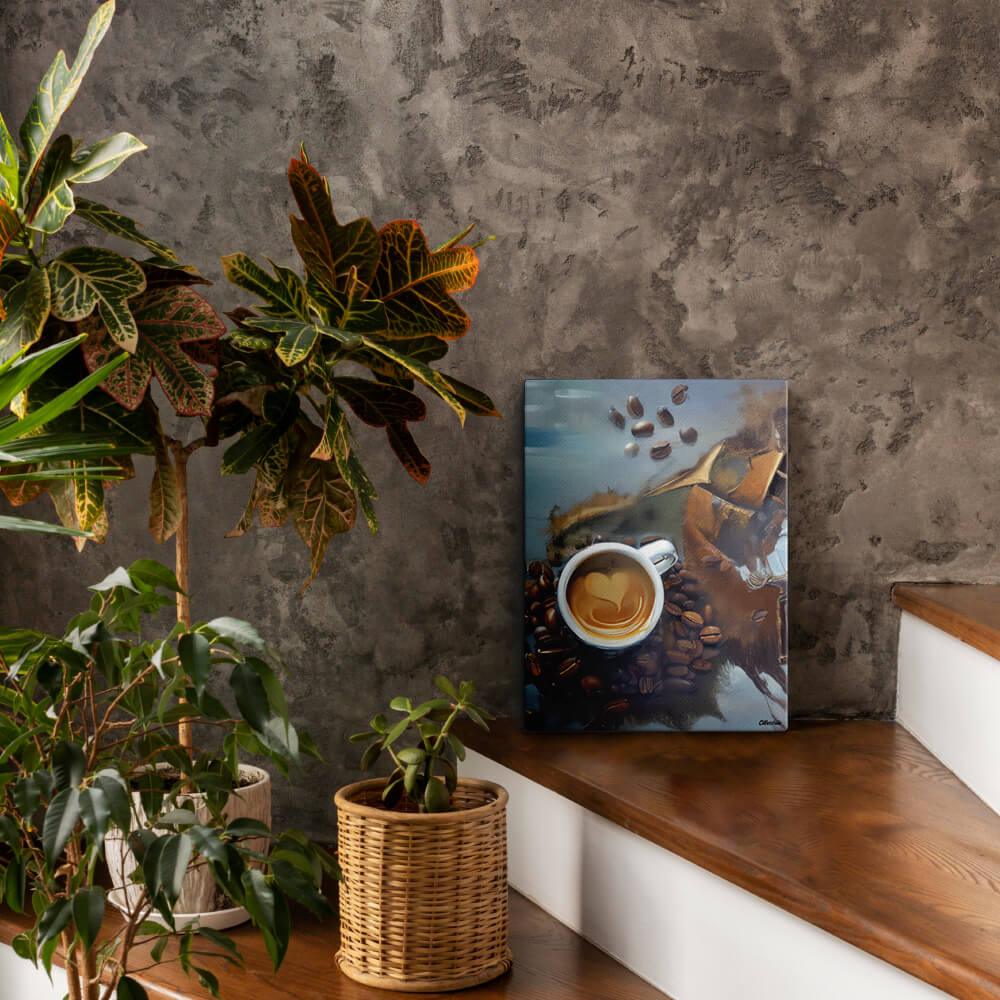 Caffeine Dreamscape - Canvas - The product is placed in a stair scene decorated with plants - Cafetitude Wall Art Caffeine Dreamscape - Canvas - The product is placed in a stair scene decorated with plants - Cafetitude Wall Art