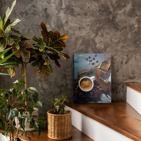 Caffeine Dreamscape - Canvas - The product is placed in a stair scene decorated with plants - Cafetitude Wall Art Caffeine Dreamscape - Canvas - The product is placed in a stair scene decorated with plants - Cafetitude Wall Art