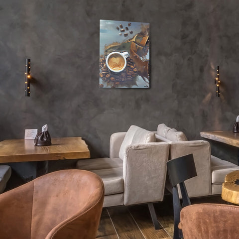 Caffeine Dreamscape - Canvas - The product is placed in a stylish coffee shop ambiance with a set table - Cafetitude Wall Art Caffeine Dreamscape - Canvas - The product is placed in a stylish coffee shop ambiance with a set table - Cafetitude Wall Art