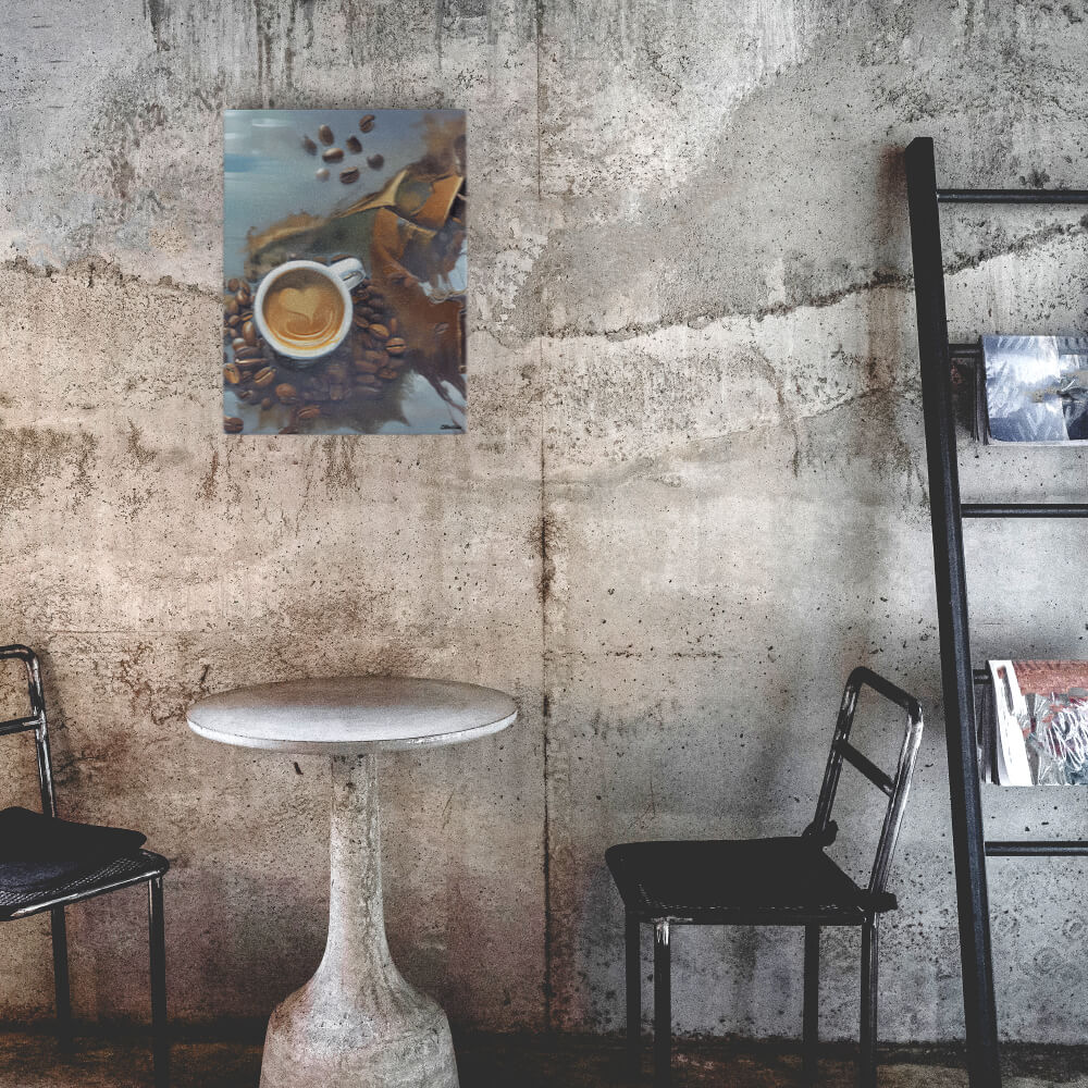 Caffeine Dreamscape - Canvas - The product is placed in a industrial-style coffee shop ambiance with a set table - Cafetitude Wall Art Caffeine Dreamscape - Canvas - The product is placed in a industrial-style coffee shop ambiance with a set table - Cafetitude Wall Art