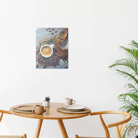 Caffeine Dreamscape - Metal prints - The product is placed in a minimalist ambiance with a set table and plants - Cafetitude Wall Art Caffeine Dreamscape - Metal prints - The product is placed in a minimalist ambiance with a set table and plants - Cafetitude Wall Art