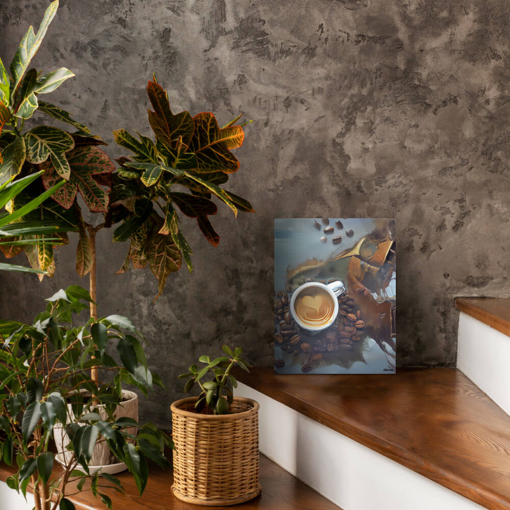 Caffeine Dreamscape - Metal prints - The product is placed in a stair scene decorated with plants - Cafetitude Wall Art Caffeine Dreamscape - Metal prints - The product is placed in a stair scene decorated with plants - Cafetitude Wall Art