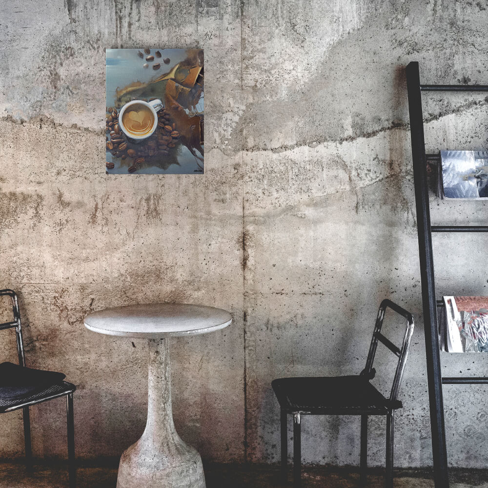Caffeine Dreamscape - Metal prints - The product is placed in a industrial-style coffee shop ambiance with a set table - Cafetitude Wall Art Caffeine Dreamscape - Metal prints - The product is placed in a industrial-style coffee shop ambiance with a set table - Cafetitude Wall Art
