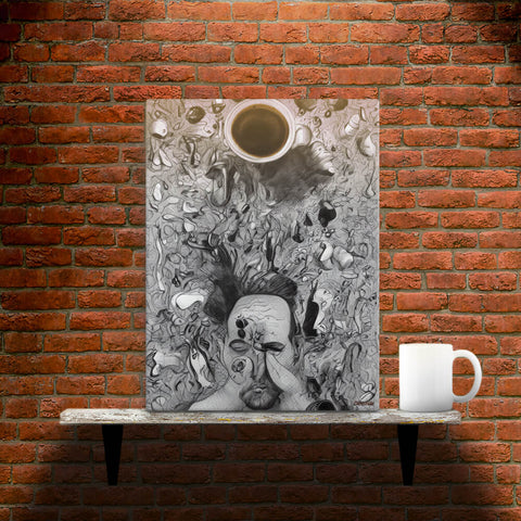 Chaos Before Coffee - Canvas - Main image where the product is placed on a shelf against a brick wall, next to a mug - Cafetitude Wall Art Chaos Before Coffee - Canvas - Main image where the product is placed on a shelf against a brick wall, next to a mug - Cafetitude Wall Art