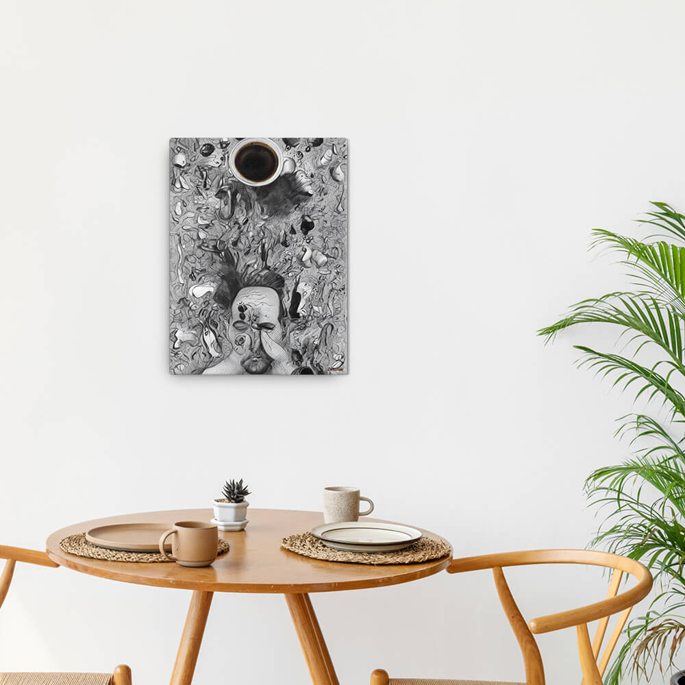 Chaos Before Coffee - Canvas - The product is placed in a minimalist ambiance with a set table and plants - Cafetitude Wall Art Chaos Before Coffee - Canvas - The product is placed in a minimalist ambiance with a set table and plants - Cafetitude Wall Art