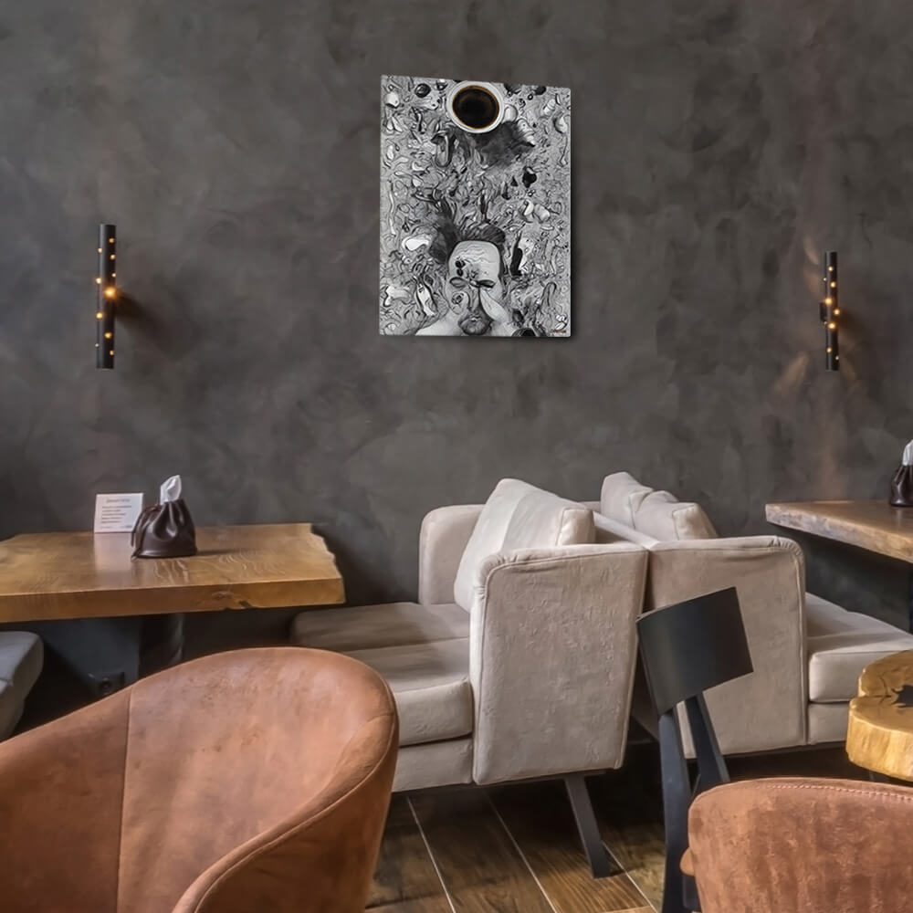 Chaos Before Coffee - Canvas - The product is placed in a stylish coffee shop ambiance with a set table - Cafetitude Wall Art Chaos Before Coffee - Canvas - The product is placed in a stylish coffee shop ambiance with a set table - Cafetitude Wall Art