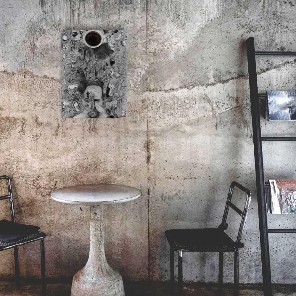 Chaos Before Coffee - Canvas - The product is placed in a industrial-style coffee shop ambiance with a set table - Cafetitude Wall Art Chaos Before Coffee - Canvas - The product is placed in a industrial-style coffee shop ambiance with a set table - Cafetitude Wall Art