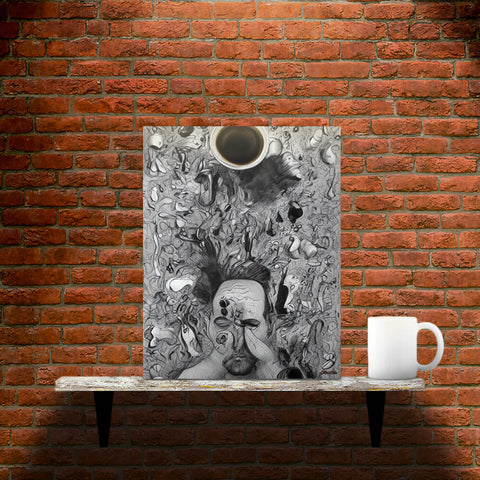 Chaos Before Coffee - Metal prints - Main image where the product is placed on a shelf against a brick wall, next to a mug - Cafetitude Wall Art Chaos Before Coffee - Metal prints - Main image where the product is placed on a shelf against a brick wall, next to a mug - Cafetitude Wall Art