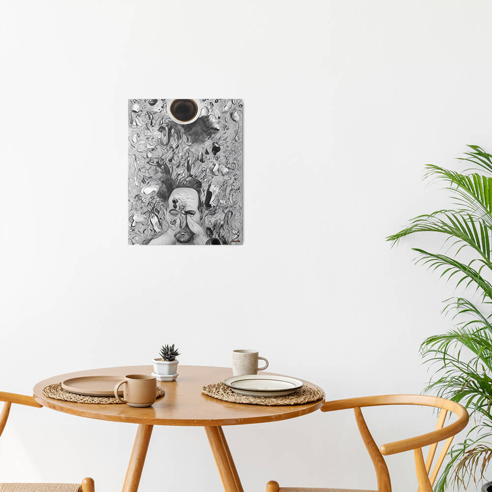 Chaos Before Coffee - Metal prints - The product is placed in a minimalist ambiance with a set table and plants - Cafetitude Wall Art Chaos Before Coffee - Metal prints - The product is placed in a minimalist ambiance with a set table and plants - Cafetitude Wall Art