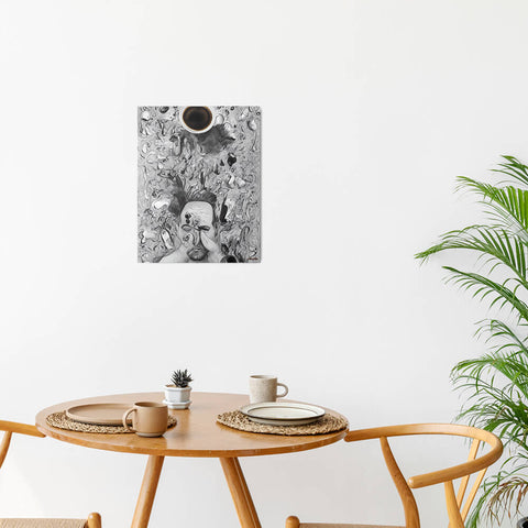 Chaos Before Coffee - Metal prints - The product is placed in a minimalist ambiance with a set table and plants - Cafetitude Wall Art Chaos Before Coffee - Metal prints - The product is placed in a minimalist ambiance with a set table and plants - Cafetitude Wall Art