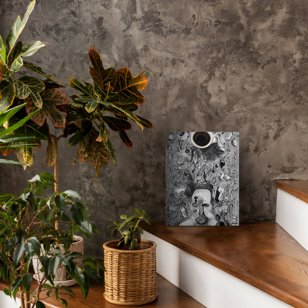 Chaos Before Coffee - Metal prints - The product is placed in a stair scene decorated with plants - Cafetitude Wall Art Chaos Before Coffee - Metal prints - The product is placed in a stair scene decorated with plants - Cafetitude Wall Art