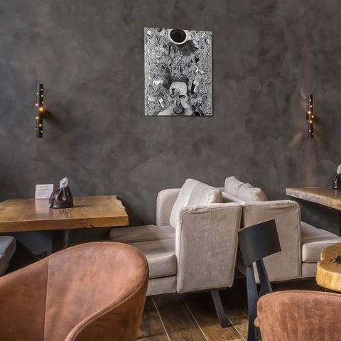 Chaos Before Coffee - Metal prints - The product is placed in a stylish coffee shop ambiance with a set table - Cafetitude Wall Art Chaos Before Coffee - Metal prints - The product is placed in a stylish coffee shop ambiance with a set table - Cafetitude Wall Art