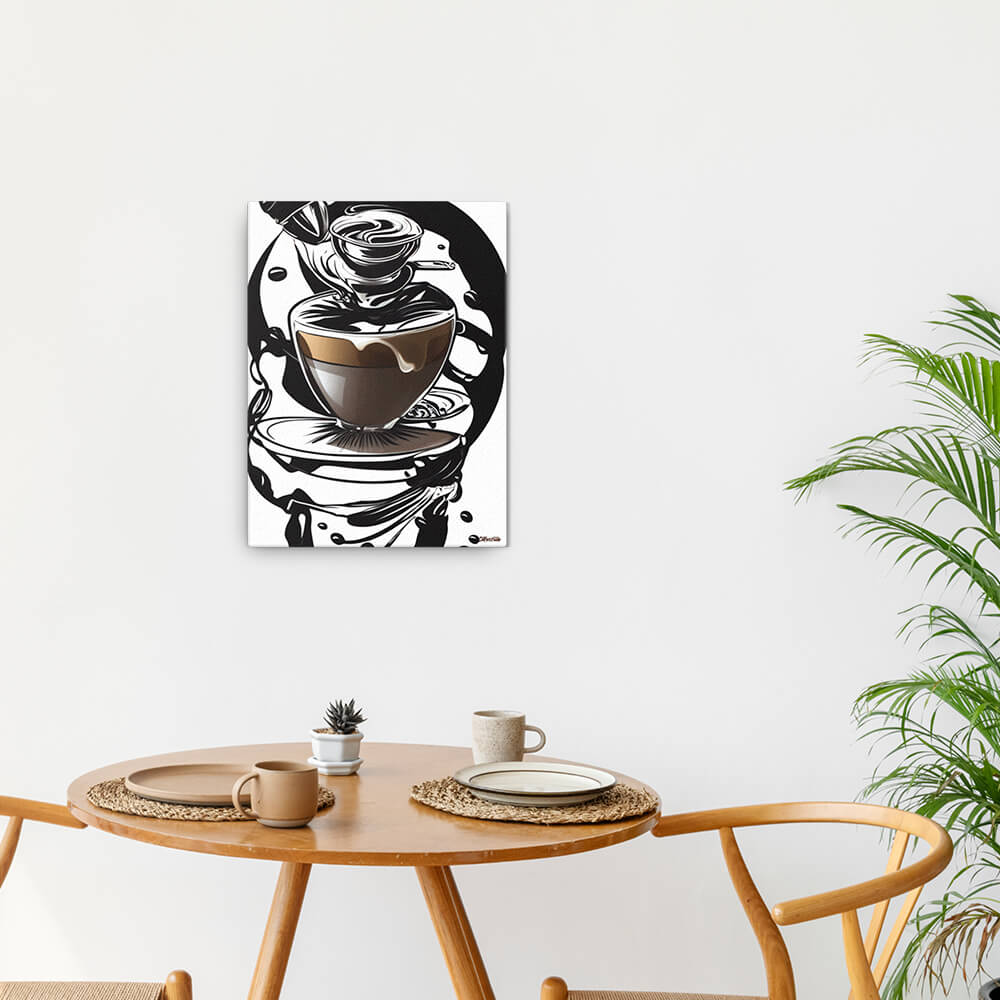 Coffee Art in Motion - Canvas - The product is placed in a minimalist ambiance with a set table and plants - Cafetitude Wall Art Coffee Art in Motion - Canvas - The product is placed in a minimalist ambiance with a set table and plants - Cafetitude Wall Art