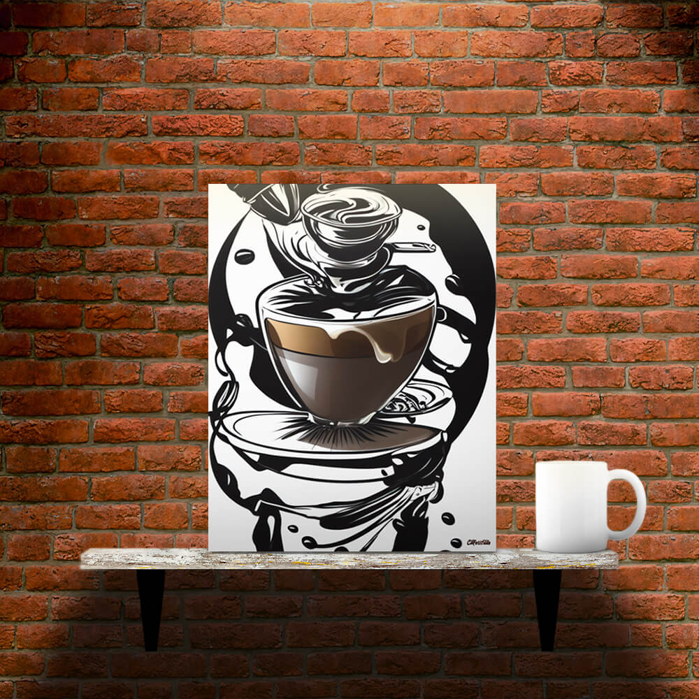 Coffee Art in Motion - Metal prints - Main image where the product is placed on a shelf against a brick wall, next to a mug - Cafetitude Wall Art Coffee Art in Motion - Metal prints - Main image where the product is placed on a shelf against a brick wall, next to a mug - Cafetitude Wall Art