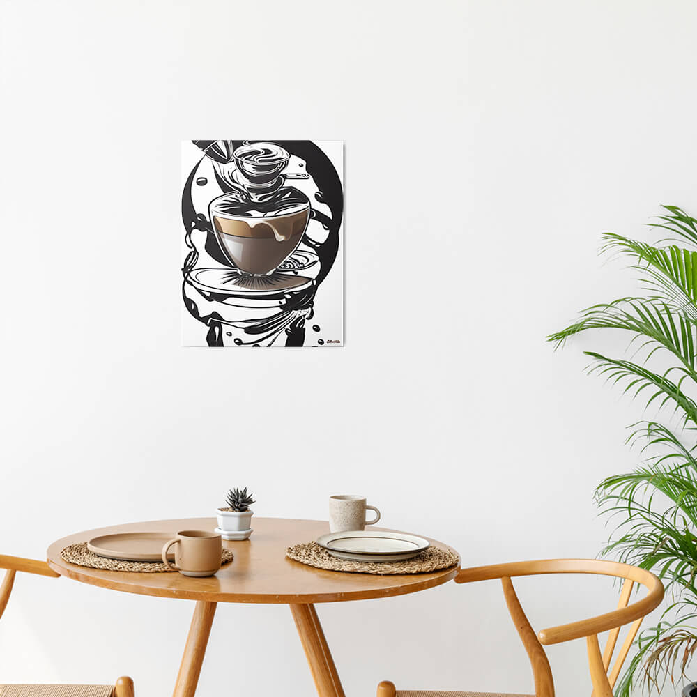 Coffee Art in Motion - Metal prints - The product is placed in a minimalist ambiance with a set table and plants - Cafetitude Wall Art Coffee Art in Motion - Metal prints - The product is placed in a minimalist ambiance with a set table and plants - Cafetitude Wall Art