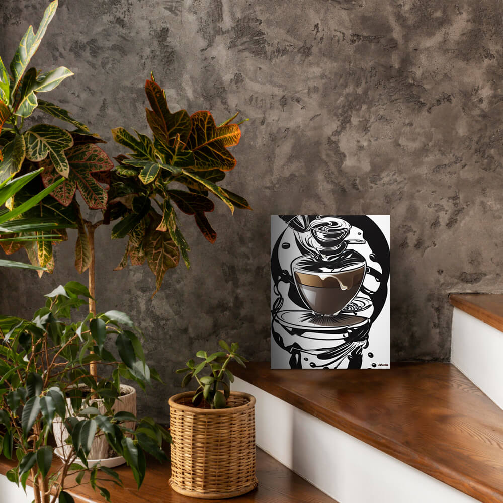 Coffee Art in Motion - Metal prints - The product is placed in a stair scene decorated with plants - Cafetitude Wall Art Coffee Art in Motion - Metal prints - The product is placed in a stair scene decorated with plants - Cafetitude Wall Art