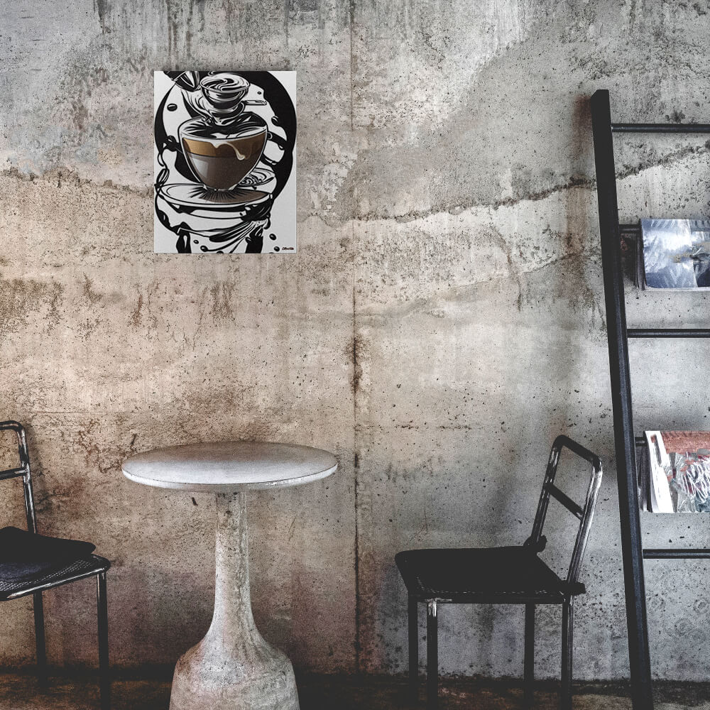 Coffee Art in Motion - Metal prints - The product is placed in a industrial-style coffee shop ambiance with a set table - Cafetitude Wall Art Coffee Art in Motion - Metal prints - The product is placed in a industrial-style coffee shop ambiance with a set table - Cafetitude Wall Art