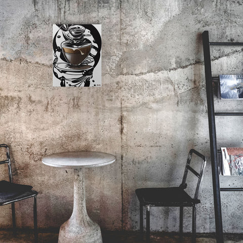 Coffee Art in Motion - Metal prints - The product is placed in a industrial-style coffee shop ambiance with a set table - Cafetitude Wall Art Coffee Art in Motion - Metal prints - The product is placed in a industrial-style coffee shop ambiance with a set table - Cafetitude Wall Art