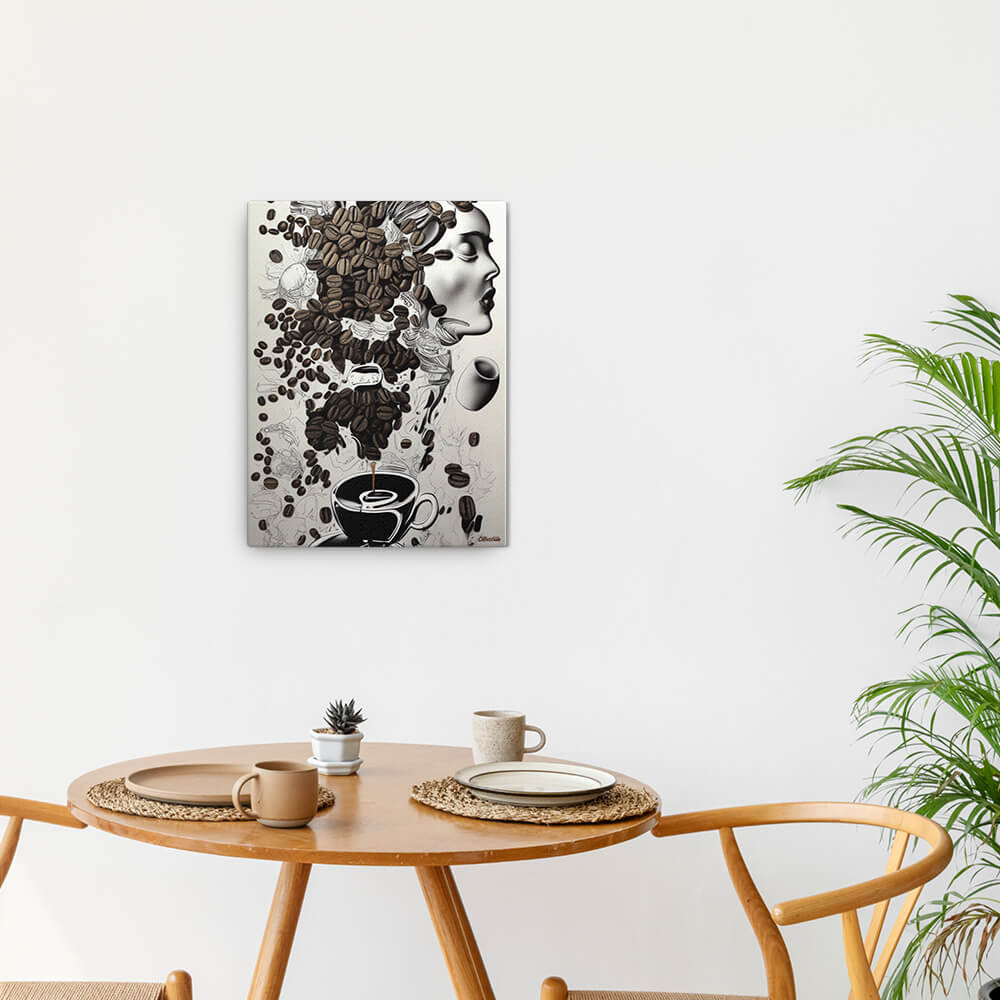 Espresso Inspiration - Canvas - The product is placed in a minimalist ambiance with a set table and plants - Cafetitude Wall Art Espresso Inspiration - Canvas - The product is placed in a minimalist ambiance with a set table and plants - Cafetitude Wall Art