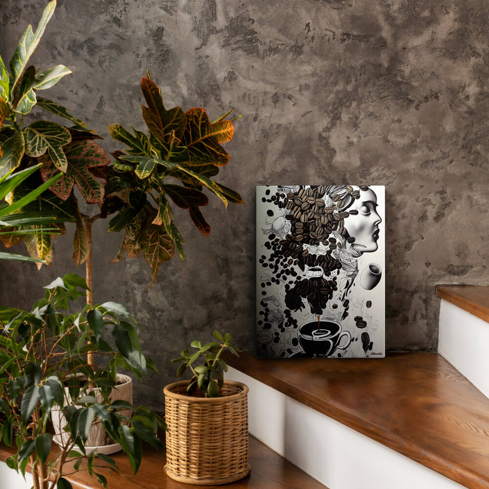 Espresso Inspiration - Canvas - The product is placed in a stair scene decorated with plants - Cafetitude Wall Art Espresso Inspiration - Canvas - The product is placed in a stair scene decorated with plants - Cafetitude Wall Art