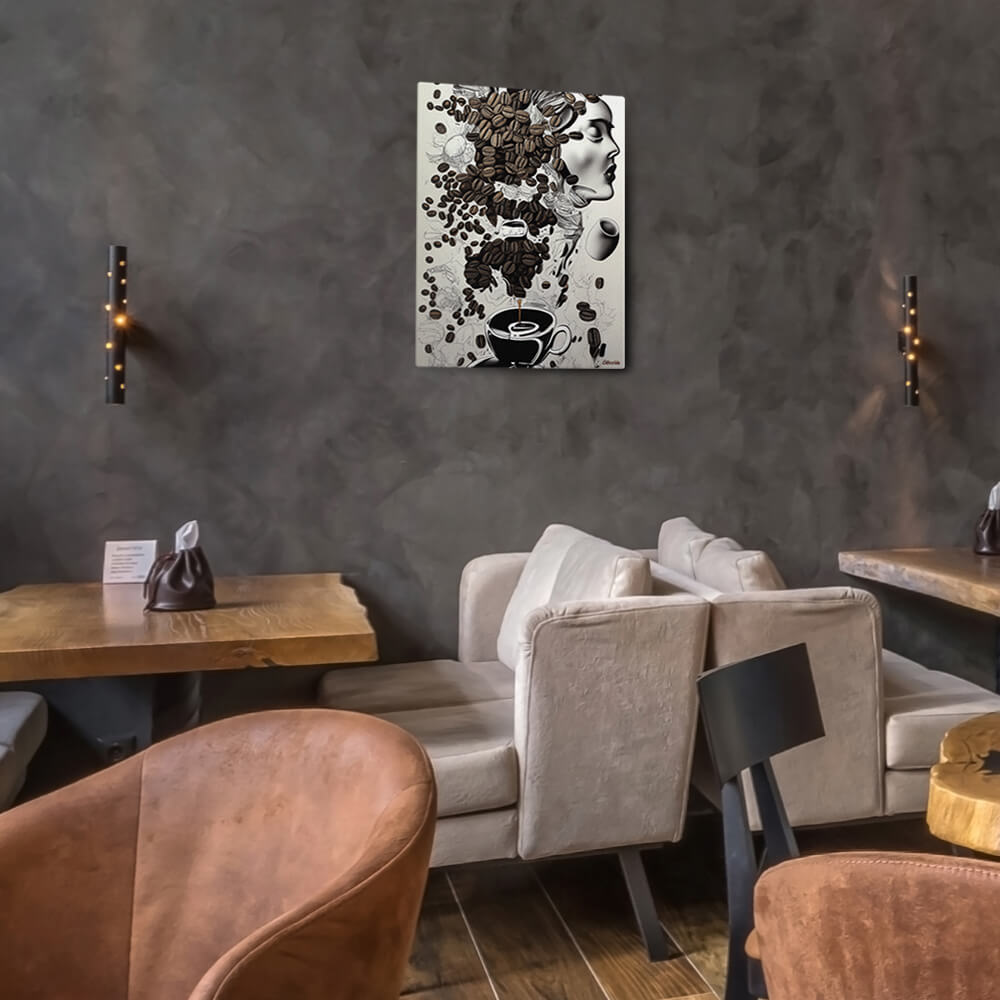 Espresso Inspiration - Canvas - The product is placed in a stylish coffee shop ambiance with a set table - Cafetitude Wall Art Espresso Inspiration - Canvas - The product is placed in a stylish coffee shop ambiance with a set table - Cafetitude Wall Art