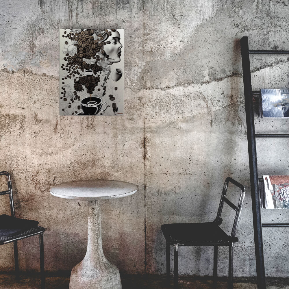Espresso Inspiration - Canvas - The product is placed in a industrial-style coffee shop ambiance with a set table - Cafetitude Wall Art Espresso Inspiration - Canvas - The product is placed in a industrial-style coffee shop ambiance with a set table - Cafetitude Wall Art