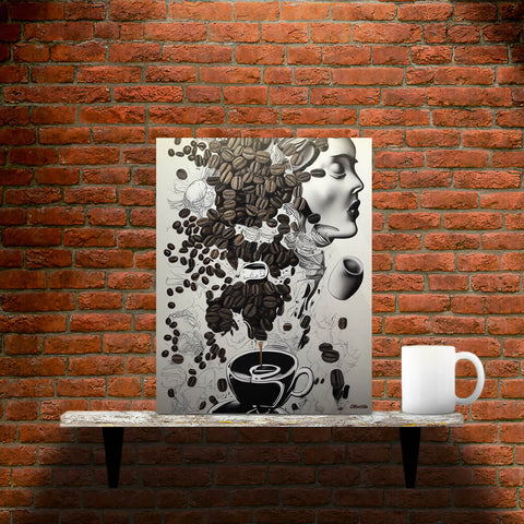 Espresso Inspiration - Metal prints - Main image where the product is placed on a shelf against a brick wall, next to a mug - Cafetitude Wall Art Espresso Inspiration - Metal prints - Main image where the product is placed on a shelf against a brick wall, next to a mug - Cafetitude Wall Art