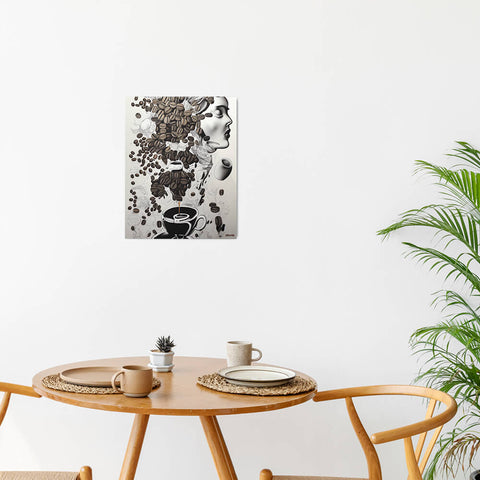 Espresso Inspiration - Metal prints - The product is placed in a minimalist ambiance with a set table and plants - Cafetitude Wall Art Espresso Inspiration - Metal prints - The product is placed in a minimalist ambiance with a set table and plants - Cafetitude Wall Art