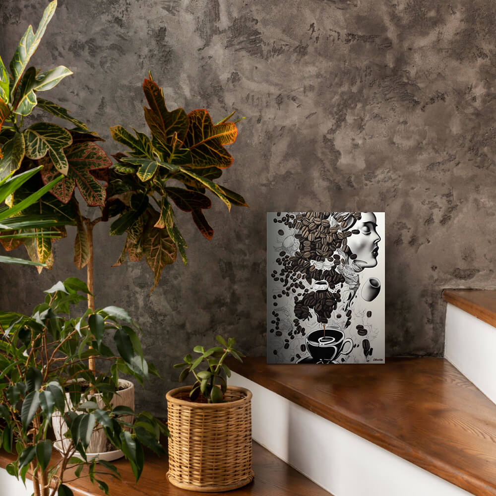 Espresso Inspiration - Metal prints - The product is placed in a stair scene decorated with plants - Cafetitude Wall Art Espresso Inspiration - Metal prints - The product is placed in a stair scene decorated with plants - Cafetitude Wall Art