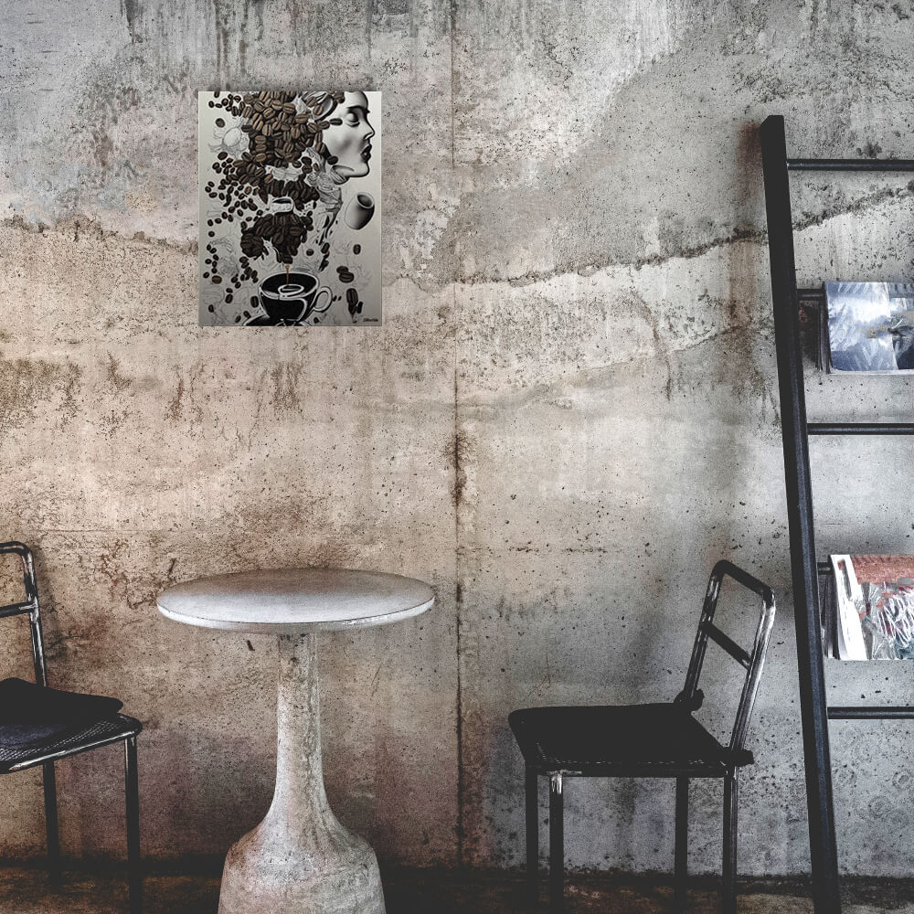 Espresso Inspiration - Metal prints - The product is placed in a industrial-style coffee shop ambiance with a set table - Cafetitude Wall Art Espresso Inspiration - Metal prints - The product is placed in a industrial-style coffee shop ambiance with a set table - Cafetitude Wall Art