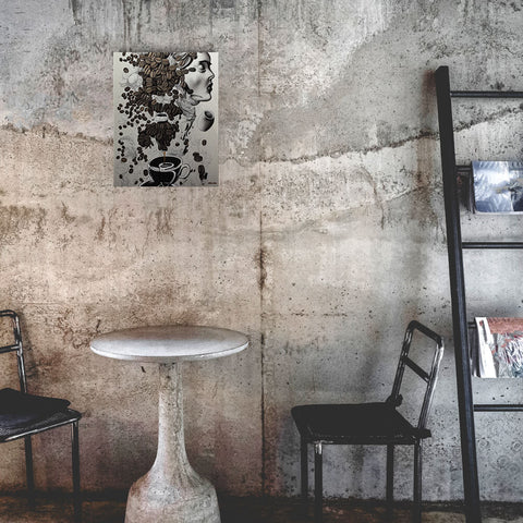 Espresso Inspiration - Metal prints - The product is placed in a industrial-style coffee shop ambiance with a set table - Cafetitude Wall Art Espresso Inspiration - Metal prints - The product is placed in a industrial-style coffee shop ambiance with a set table - Cafetitude Wall Art