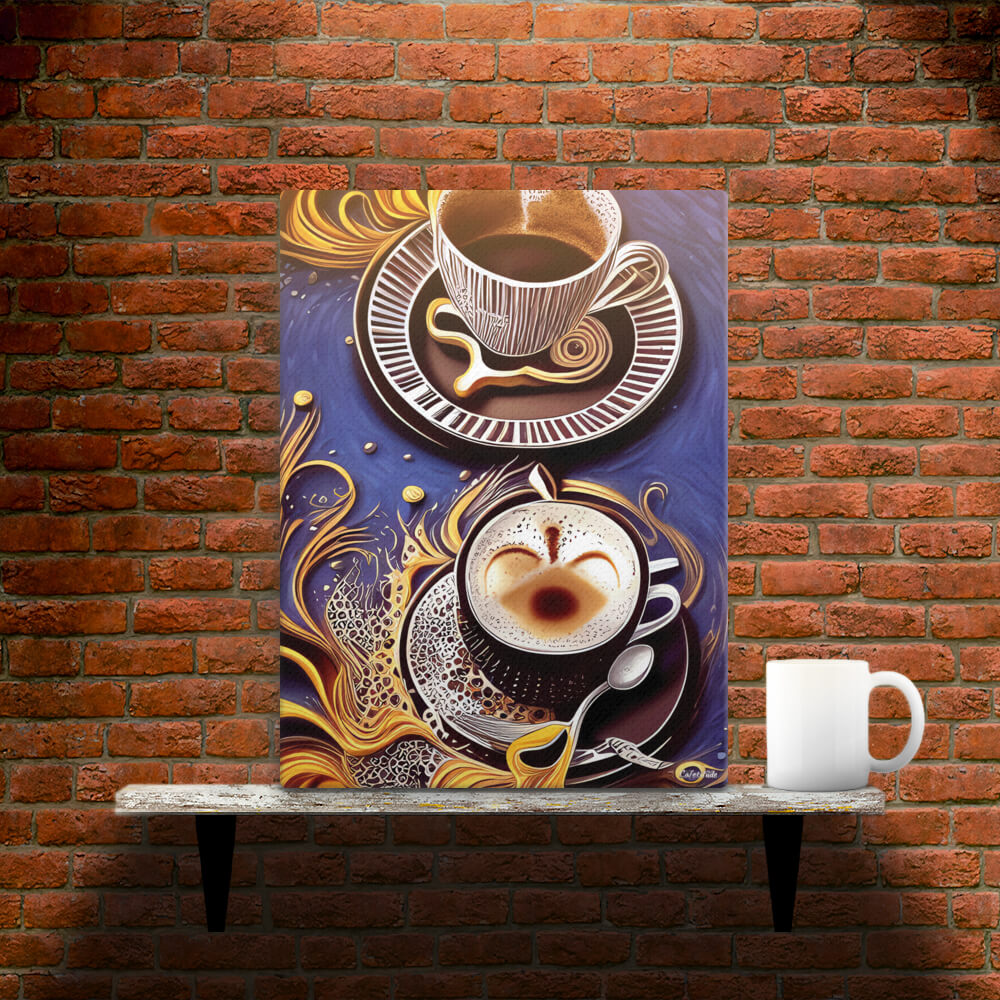 Golden Cupful of Dreams - Canvas - Main image where the product is placed on a shelf against a brick wall, next to a mug - Cafetitude Wall Art Golden Cupful of Dreams - Canvas - Main image where the product is placed on a shelf against a brick wall, next to a mug - Cafetitude Wall Art