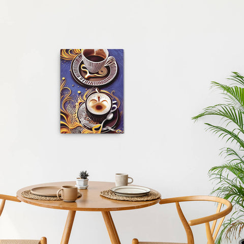 Golden Cupful of Dreams - Canvas - The product is placed in a minimalist ambiance with a set table and plants - Cafetitude Wall Art Golden Cupful of Dreams - Canvas - The product is placed in a minimalist ambiance with a set table and plants - Cafetitude Wall Art