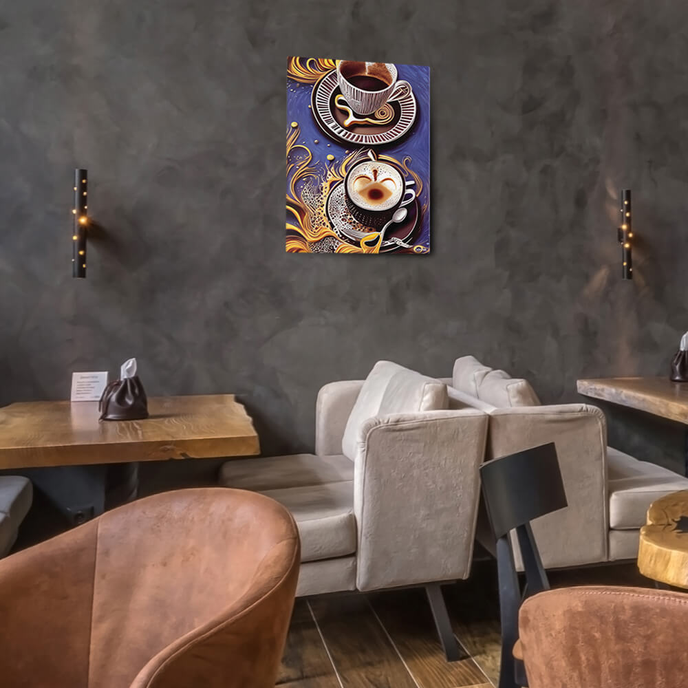 Golden Cupful of Dreams - Canvas - The product is placed in a stylish coffee shop ambiance with a set table - Cafetitude Wall Art Golden Cupful of Dreams - Canvas - The product is placed in a stylish coffee shop ambiance with a set table - Cafetitude Wall Art