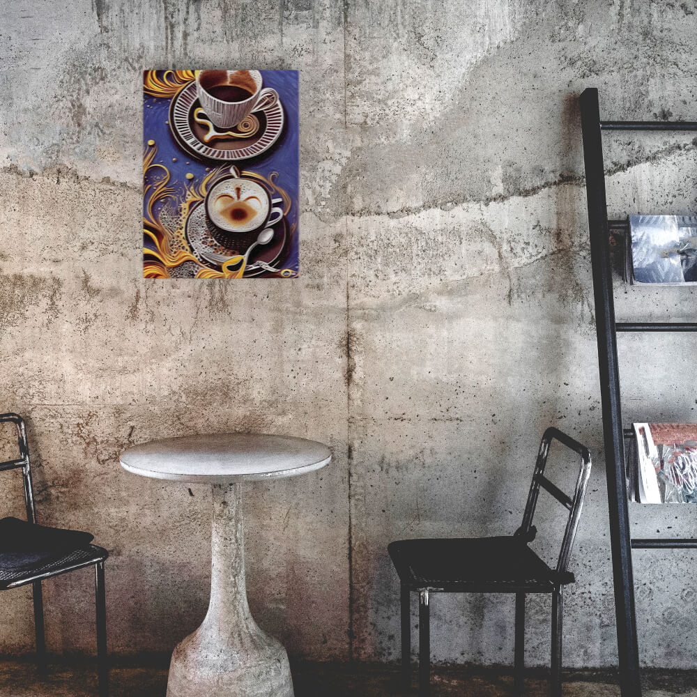 Golden Cupful of Dreams - Canvas - The product is placed in a industrial-style coffee shop ambiance with a set table - Cafetitude Wall Art Golden Cupful of Dreams - Canvas - The product is placed in a industrial-style coffee shop ambiance with a set table - Cafetitude Wall Art