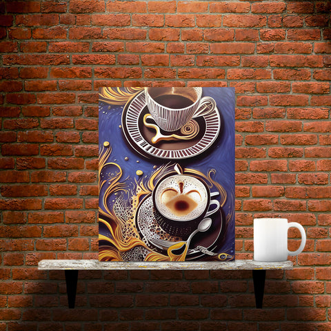 Golden Cupful of Dreams - Metal prints - Main image where the product is placed on a shelf against a brick wall, next to a mug - Cafetitude Wall Art Golden Cupful of Dreams - Metal prints - Main image where the product is placed on a shelf against a brick wall, next to a mug - Cafetitude Wall Art