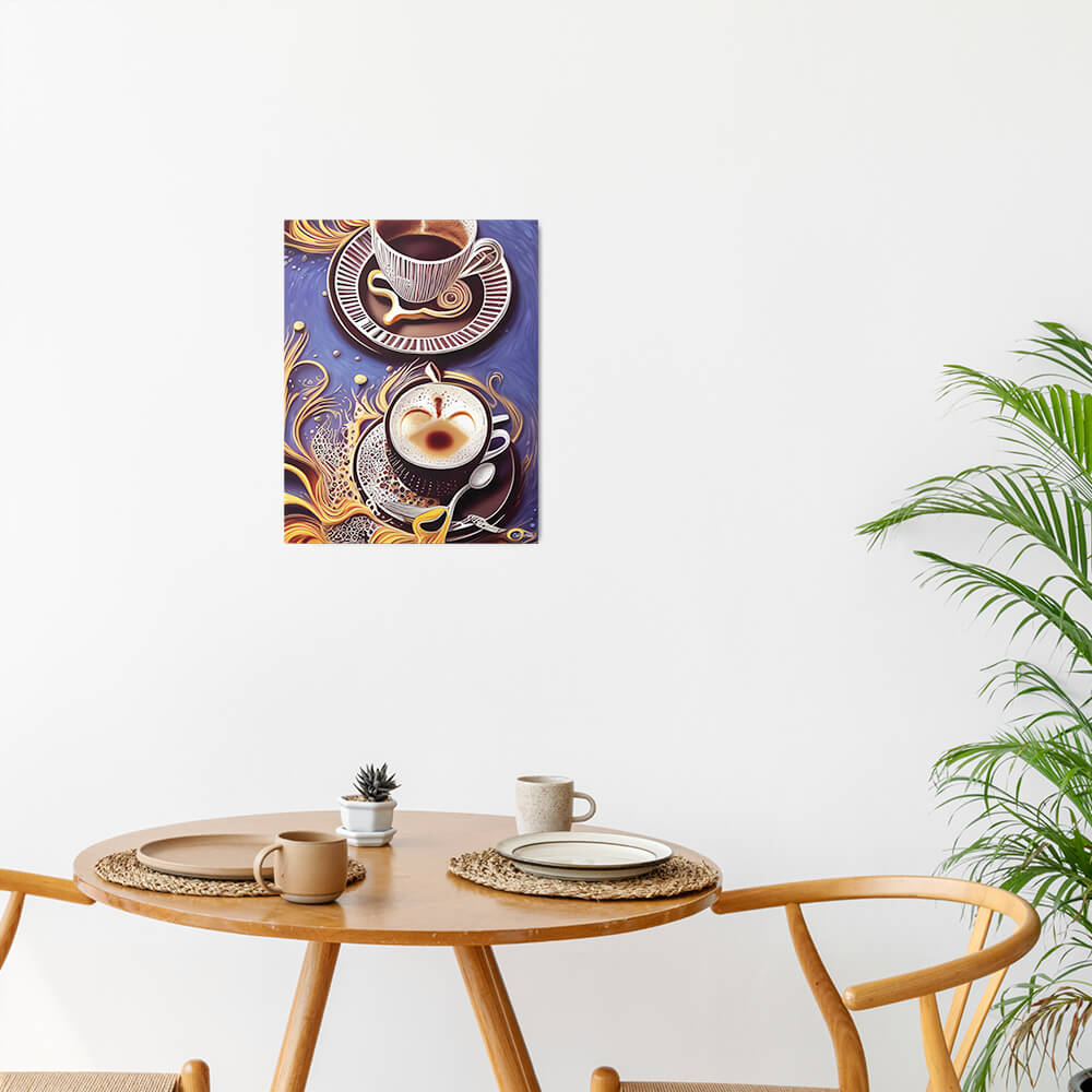 Golden Cupful of Dreams - Metal prints - The product is placed in a minimalist ambiance with a set table and plants - Cafetitude Wall Art Golden Cupful of Dreams - Metal prints - The product is placed in a minimalist ambiance with a set table and plants - Cafetitude Wall Art