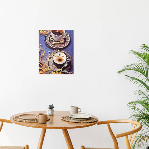 Golden Cupful of Dreams - Metal prints - The product is placed in a minimalist ambiance with a set table and plants - Cafetitude Wall Art Golden Cupful of Dreams - Metal prints - The product is placed in a minimalist ambiance with a set table and plants - Cafetitude Wall Art