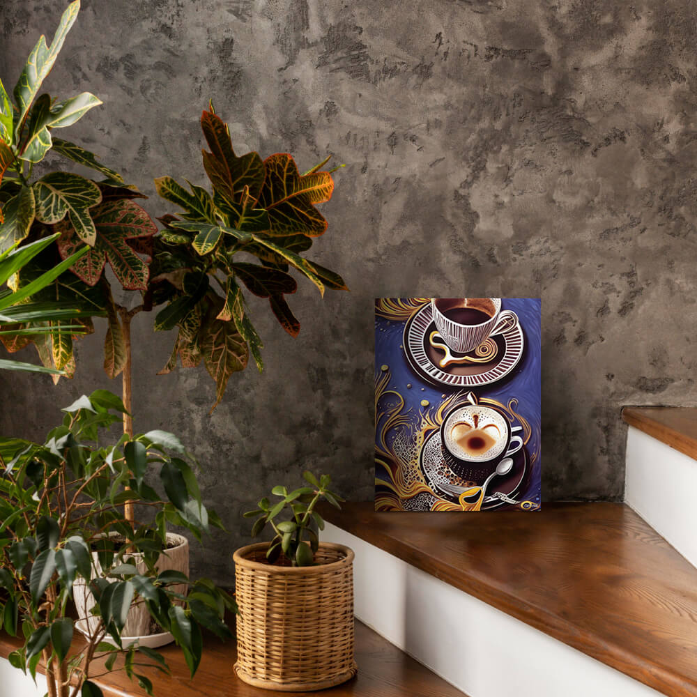 Golden Cupful of Dreams - Metal prints - The product is placed in a stair scene decorated with plants - Cafetitude Wall Art Golden Cupful of Dreams - Metal prints - The product is placed in a stair scene decorated with plants - Cafetitude Wall Art