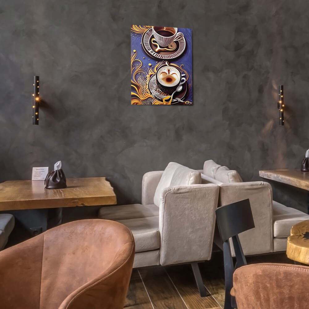 Golden Cupful of Dreams - Metal prints - The product is placed in a stylish coffee shop ambiance with a set table - Cafetitude Wall Art Golden Cupful of Dreams - Metal prints - The product is placed in a stylish coffee shop ambiance with a set table - Cafetitude Wall Art